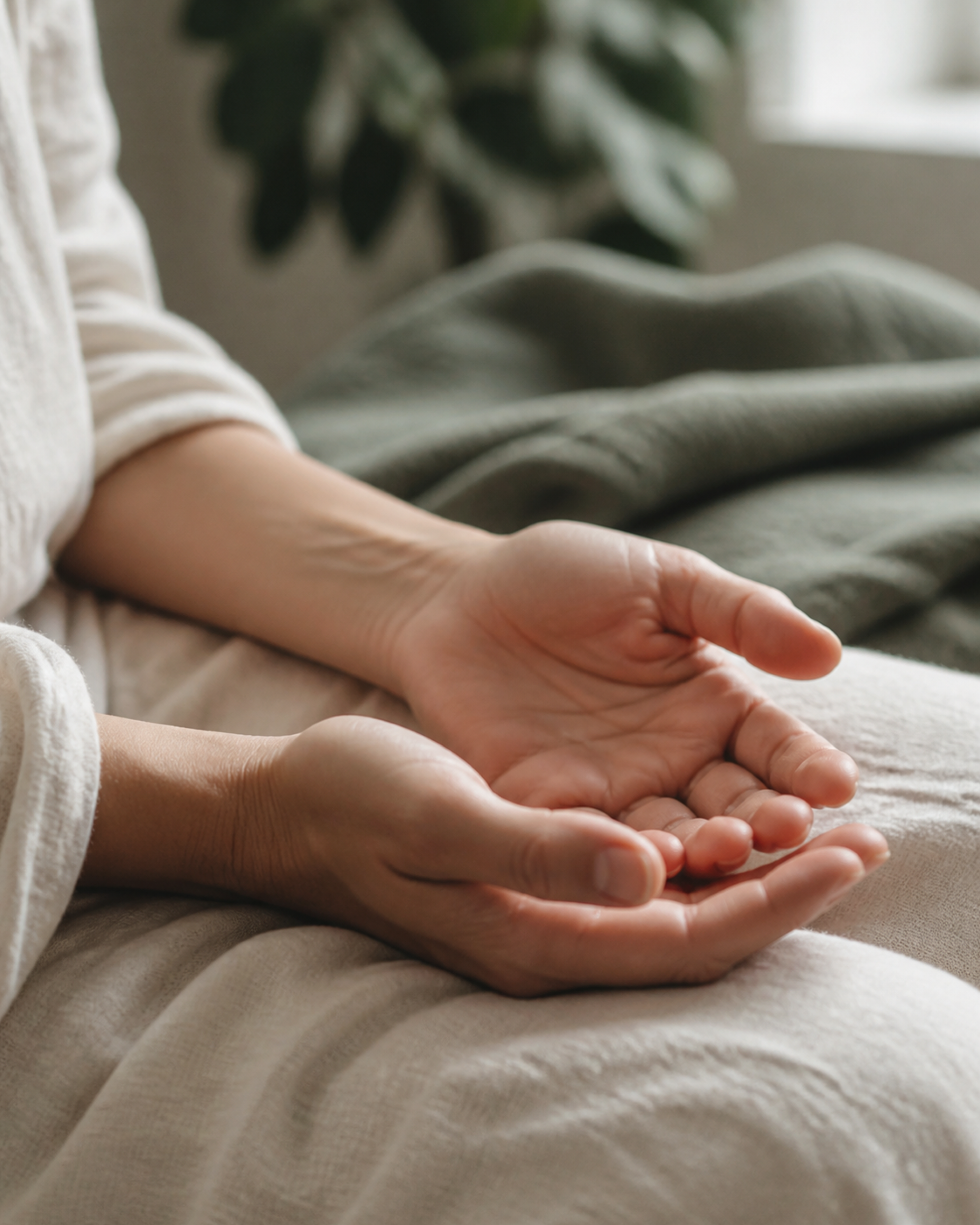 Hands resting open and relaxed on a blanket