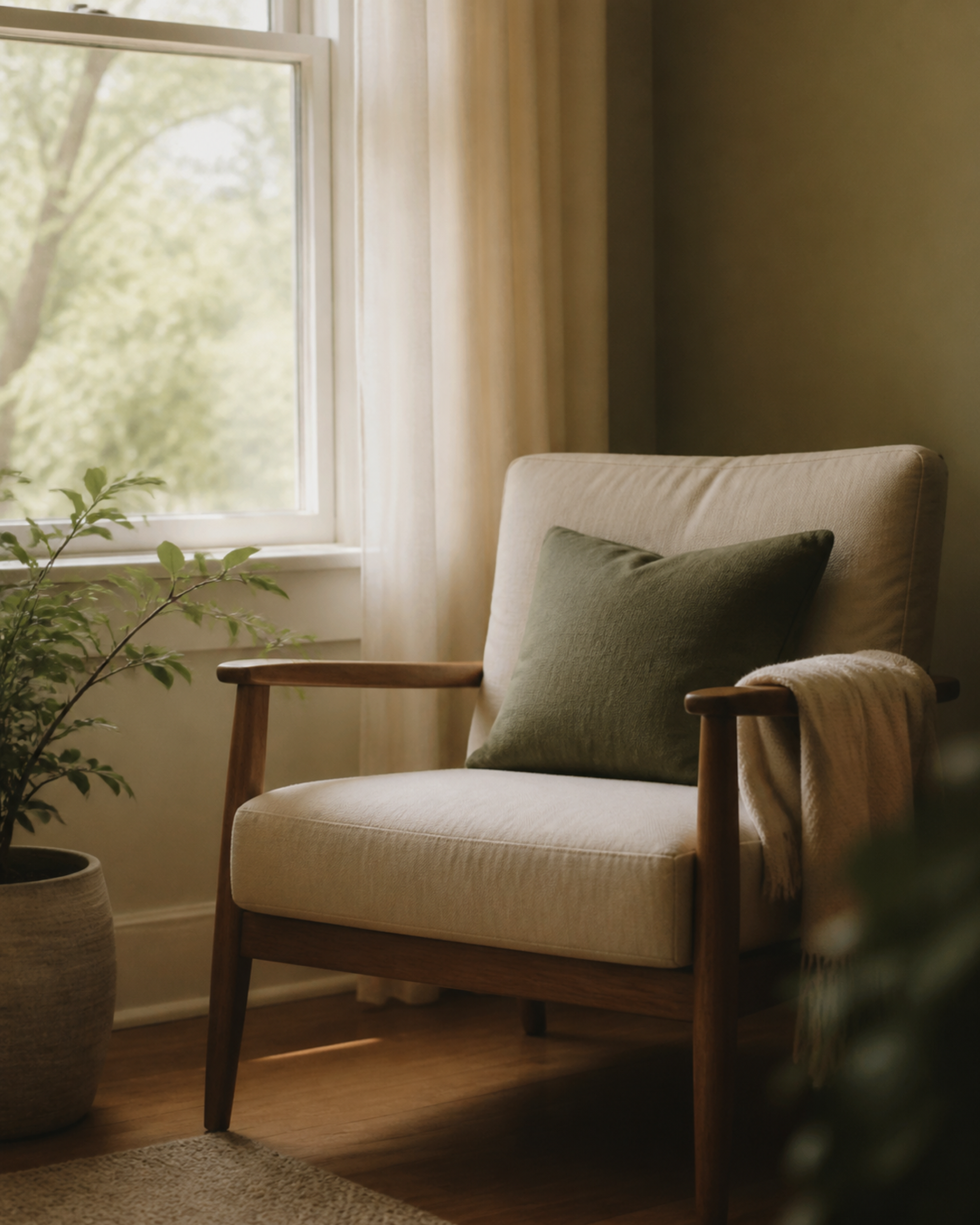 A cozy armchair by a sunlit window, with a green pillow and a folded blanket