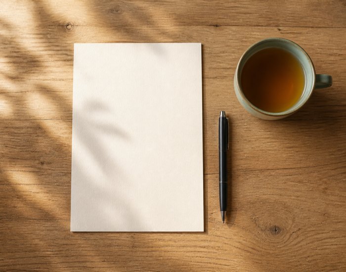A sheet of paper, a pen and a cup of tea on a wooden desk