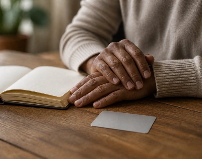 Hands resting at a wooden desk beside a notebook and a card