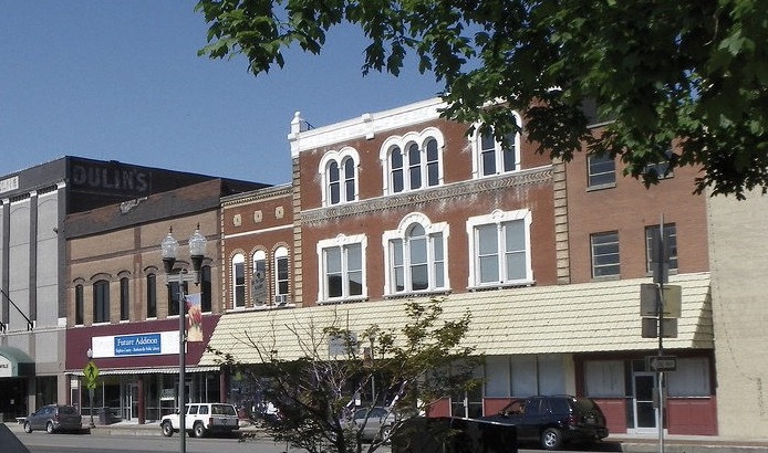 Historic brick storefronts in downtown Madisonville, Kentucky